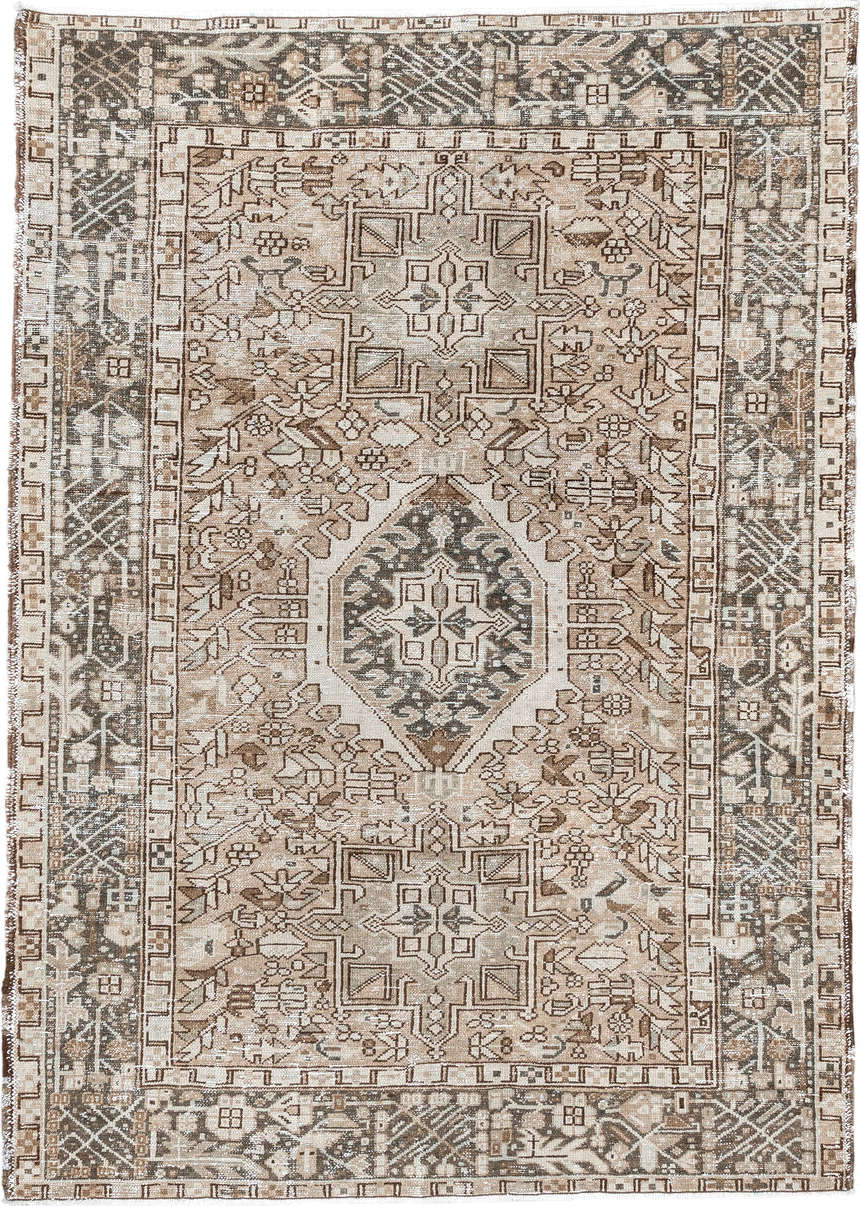 4' x 6' one-of-a-kind handmade vintage Karaje small size rug. Color palette: ivory, taupe, brown, camel, charcoal, beige