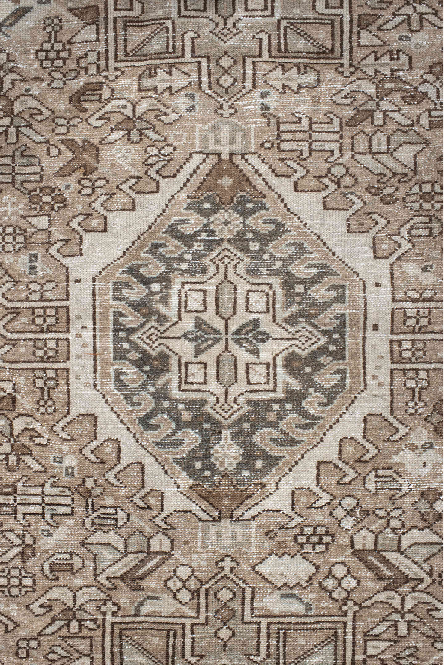 4' x 6' one-of-a-kind handmade vintage Karaje small size rug. Color palette: ivory, taupe, brown, camel, charcoal, beige