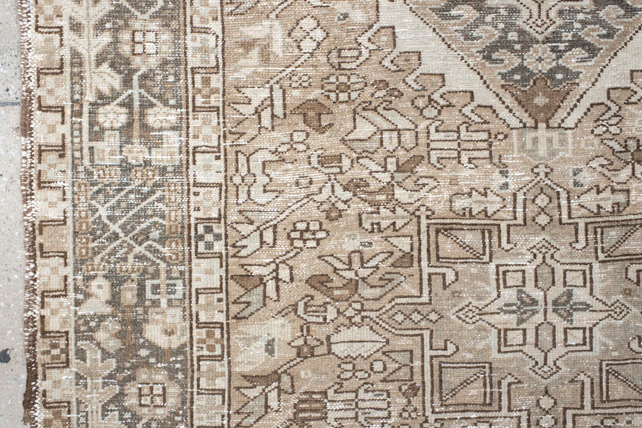 4' x 6' one-of-a-kind handmade vintage Karaje small size rug. Color palette: ivory, taupe, brown, camel, charcoal, beige