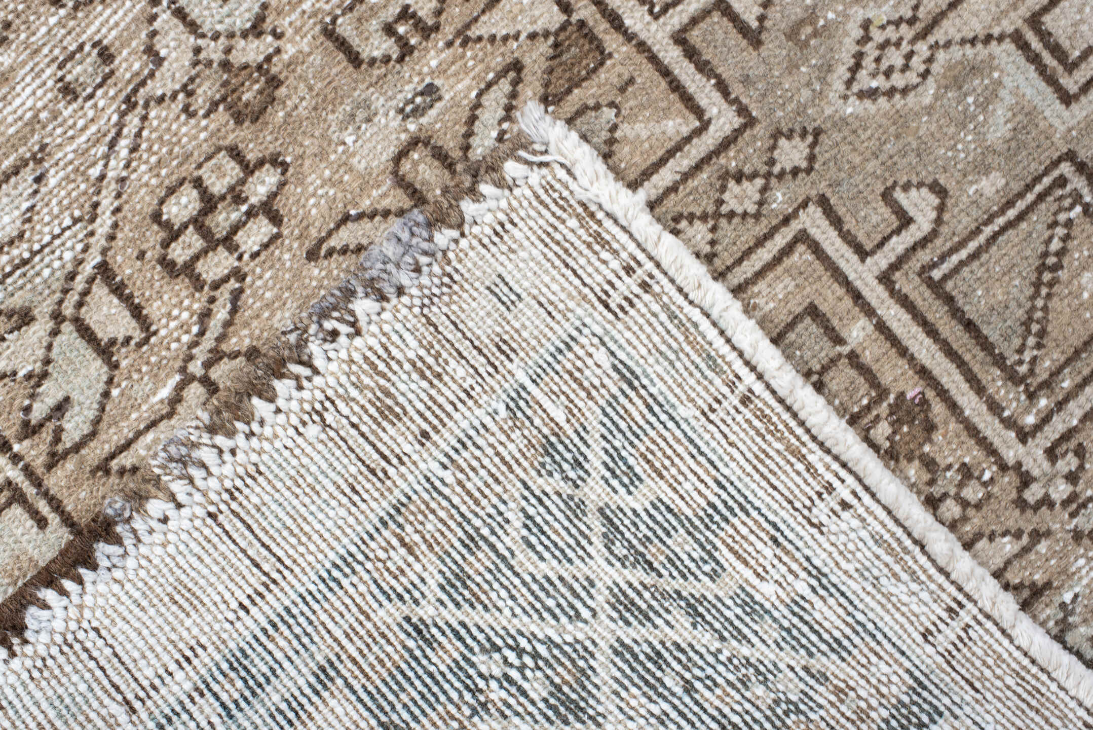 4' x 6' one-of-a-kind handmade vintage Karaje small size rug. Color palette: ivory, taupe, brown, camel, charcoal, beige