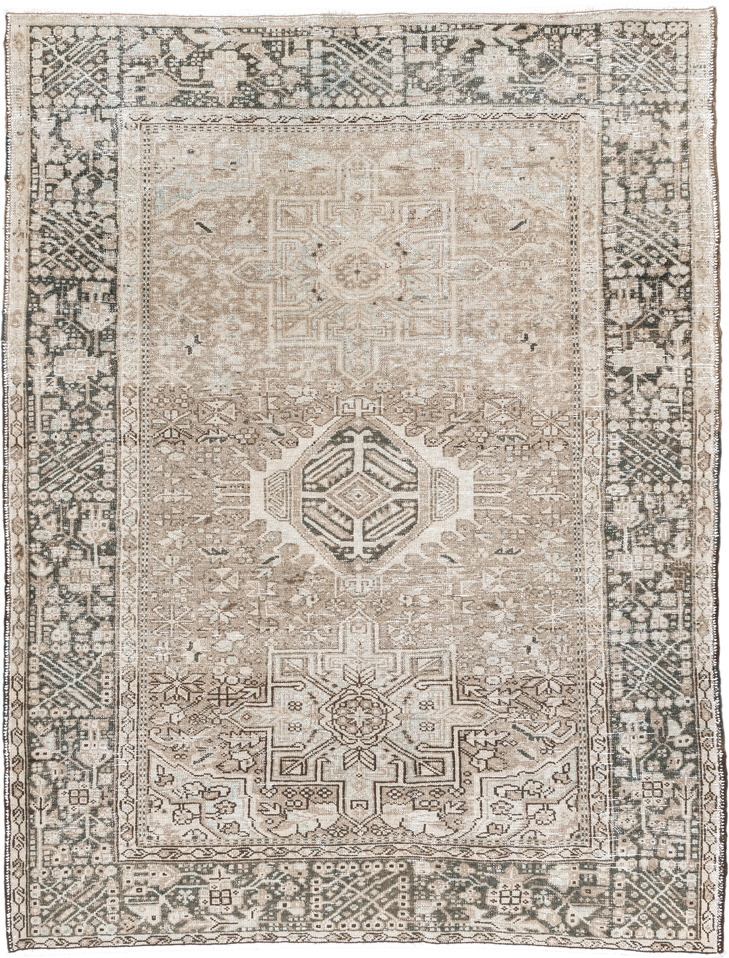 4' x 6' one-of-a-kind handmade antique Karaje small size rug. Color palette: taupe, ivory, beige, charcoal, camel, cream