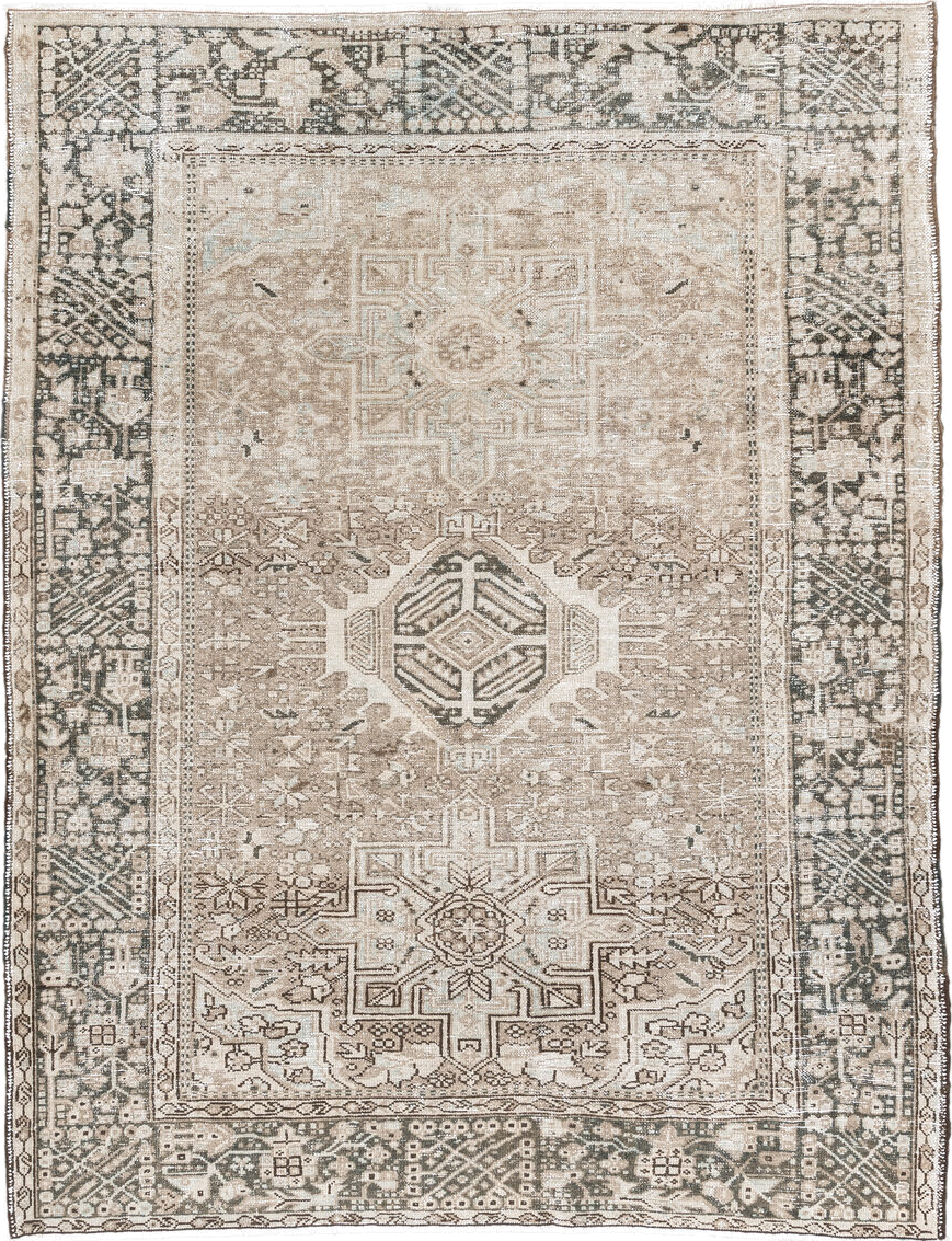 4' x 6' one-of-a-kind handmade antique Karaje small size rug. Color palette: taupe, ivory, beige, charcoal, camel, cream