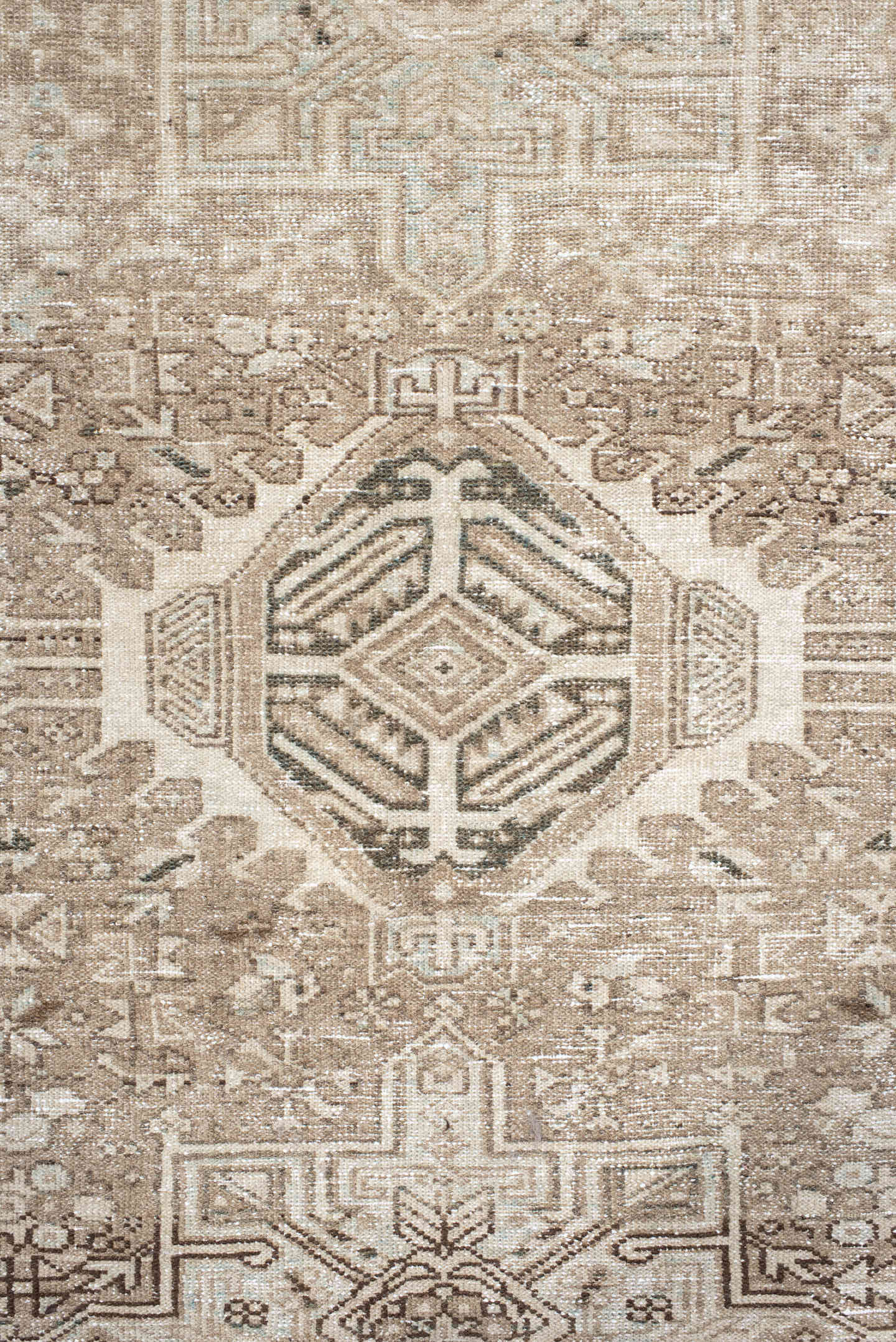 4' x 6' one-of-a-kind handmade antique Karaje small size rug. Color palette: taupe, ivory, beige, charcoal, camel, cream
