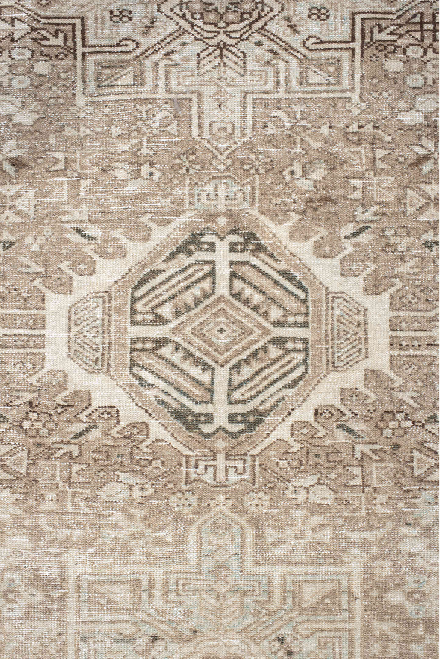 4' x 6' one-of-a-kind handmade antique Karaje small size rug. Color palette: taupe, ivory, beige, charcoal, camel, cream
