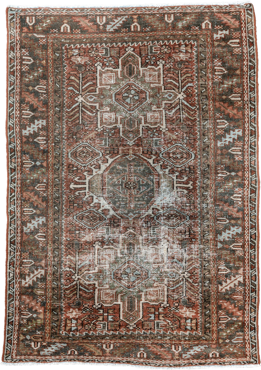 3' x 4' one-of-a-kind handmade antique Karaje small size rug. Color palette: rust, sage, ivory, charcoal, terra cotta, taupe