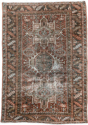 3' x 4' one-of-a-kind handmade antique Karaje small size rug. Color palette: rust, sage, ivory, charcoal, terra cotta, taupe