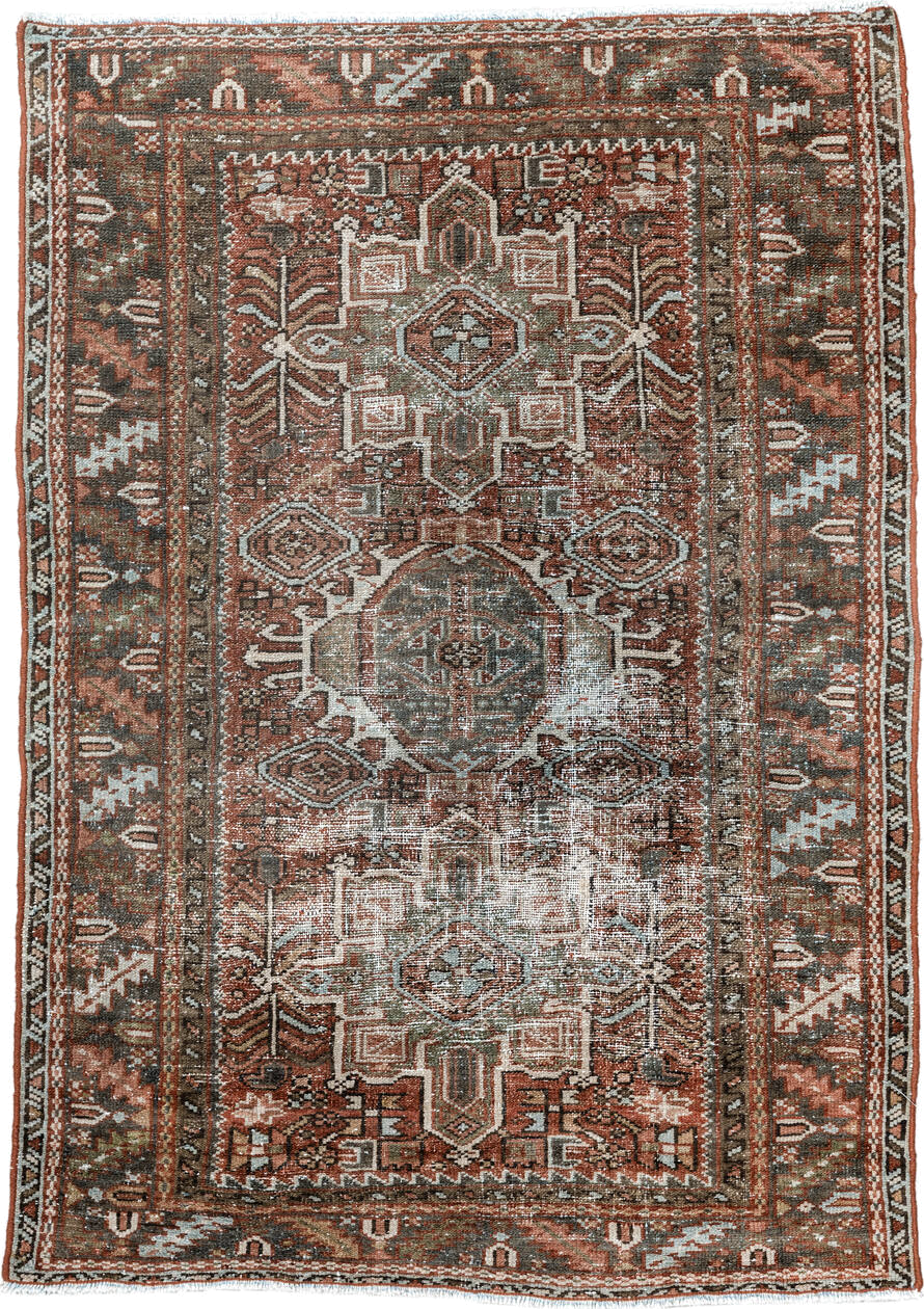 3' x 4' one-of-a-kind handmade antique Karaje small size rug. Color palette: rust, sage, ivory, charcoal, terra cotta, taupe
