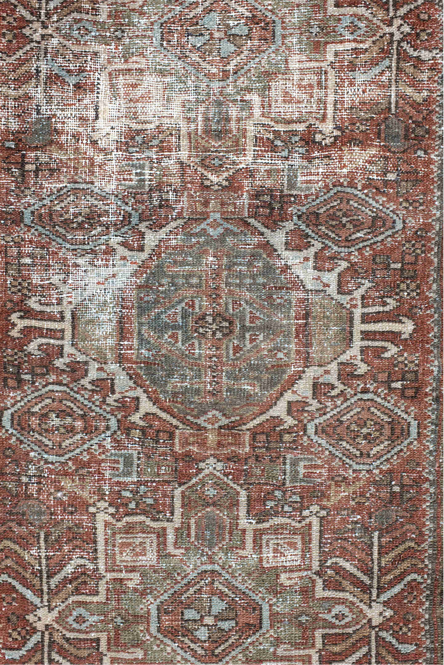 3' x 4' one-of-a-kind handmade antique Karaje small size rug. Color palette: rust, sage, ivory, charcoal, terra cotta, taupe