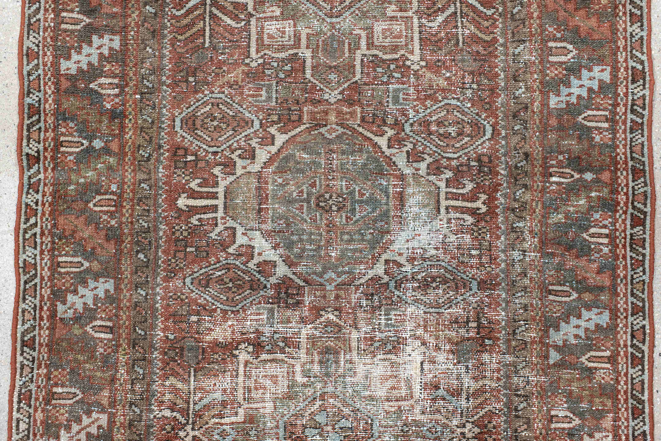 3' x 4' one-of-a-kind handmade antique Karaje small size rug. Color palette: rust, sage, ivory, charcoal, terra cotta, taupe
