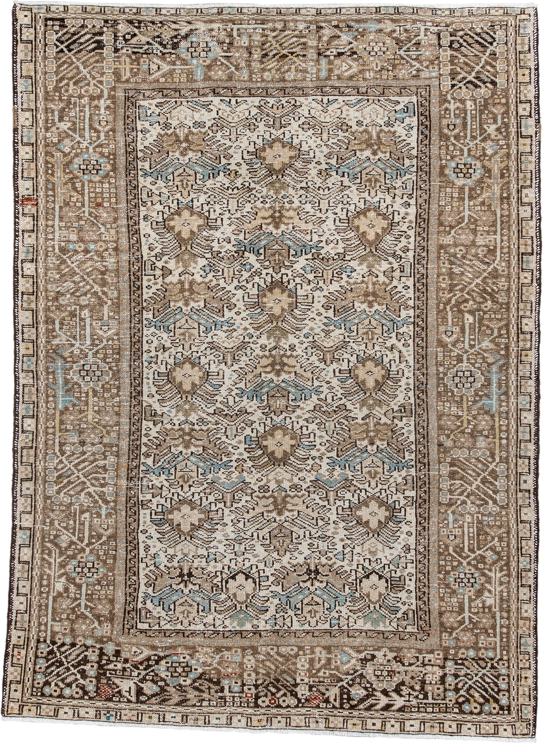 4' x 6' one-of-a-kind handmade antique Karaje small size rug. Color palette: ivory, taupe, brown, sky blue, charcoal, camel