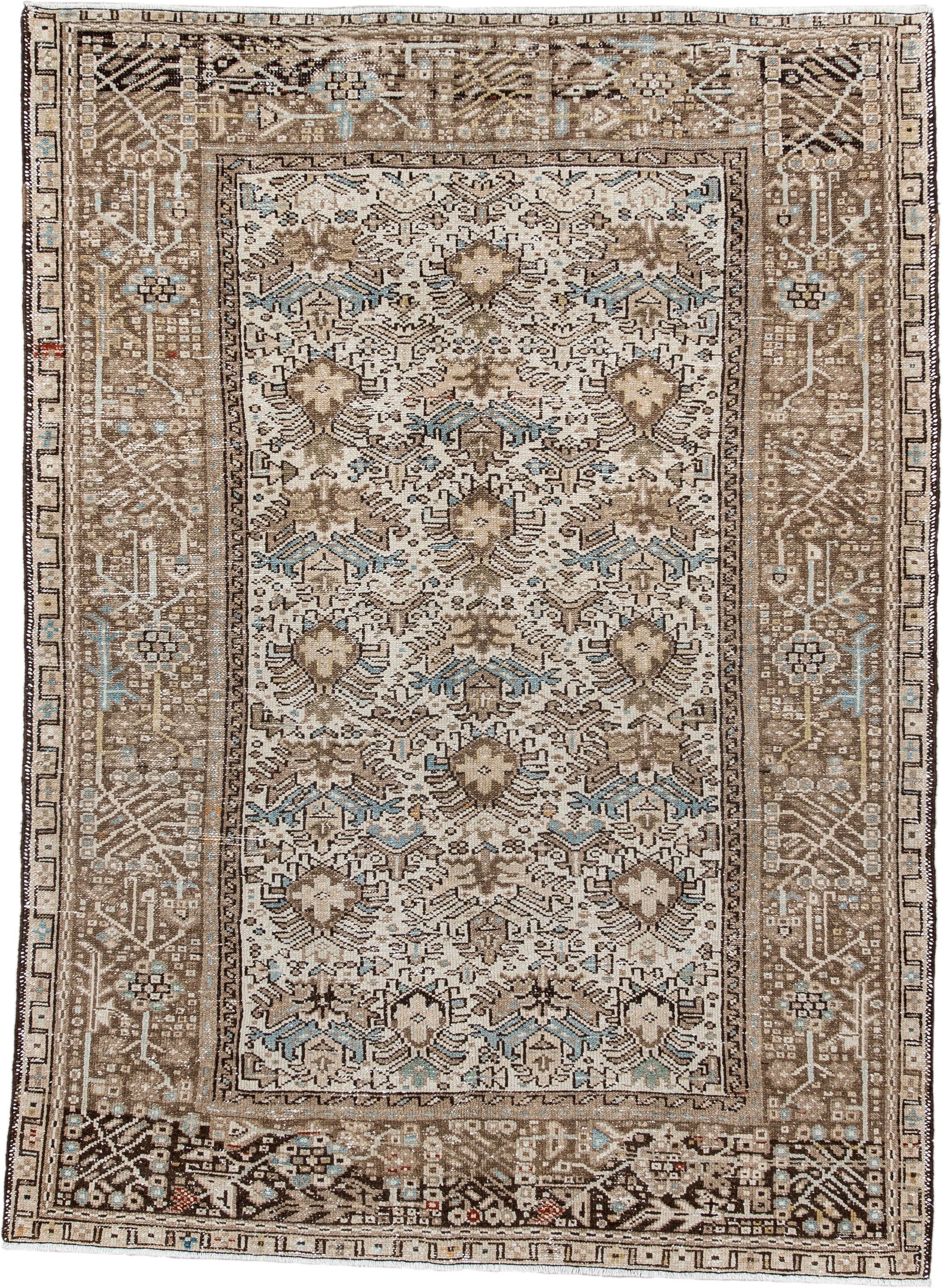 4' x 6' one-of-a-kind handmade antique Karaje small size rug. Color palette: ivory, taupe, brown, sky blue, charcoal, camel