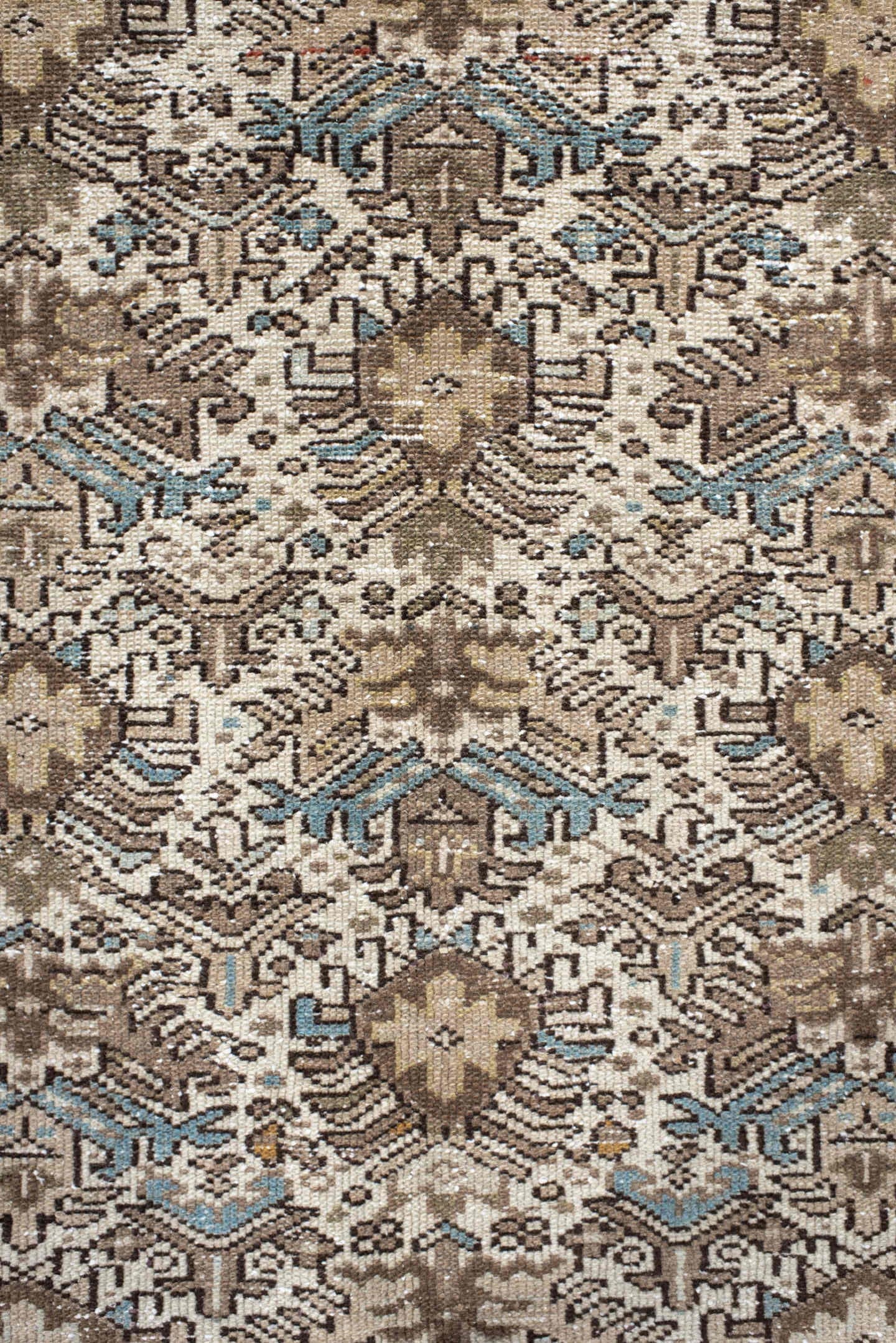 4' x 6' one-of-a-kind handmade antique Karaje small size rug. Color palette: ivory, taupe, brown, sky blue, charcoal, camel