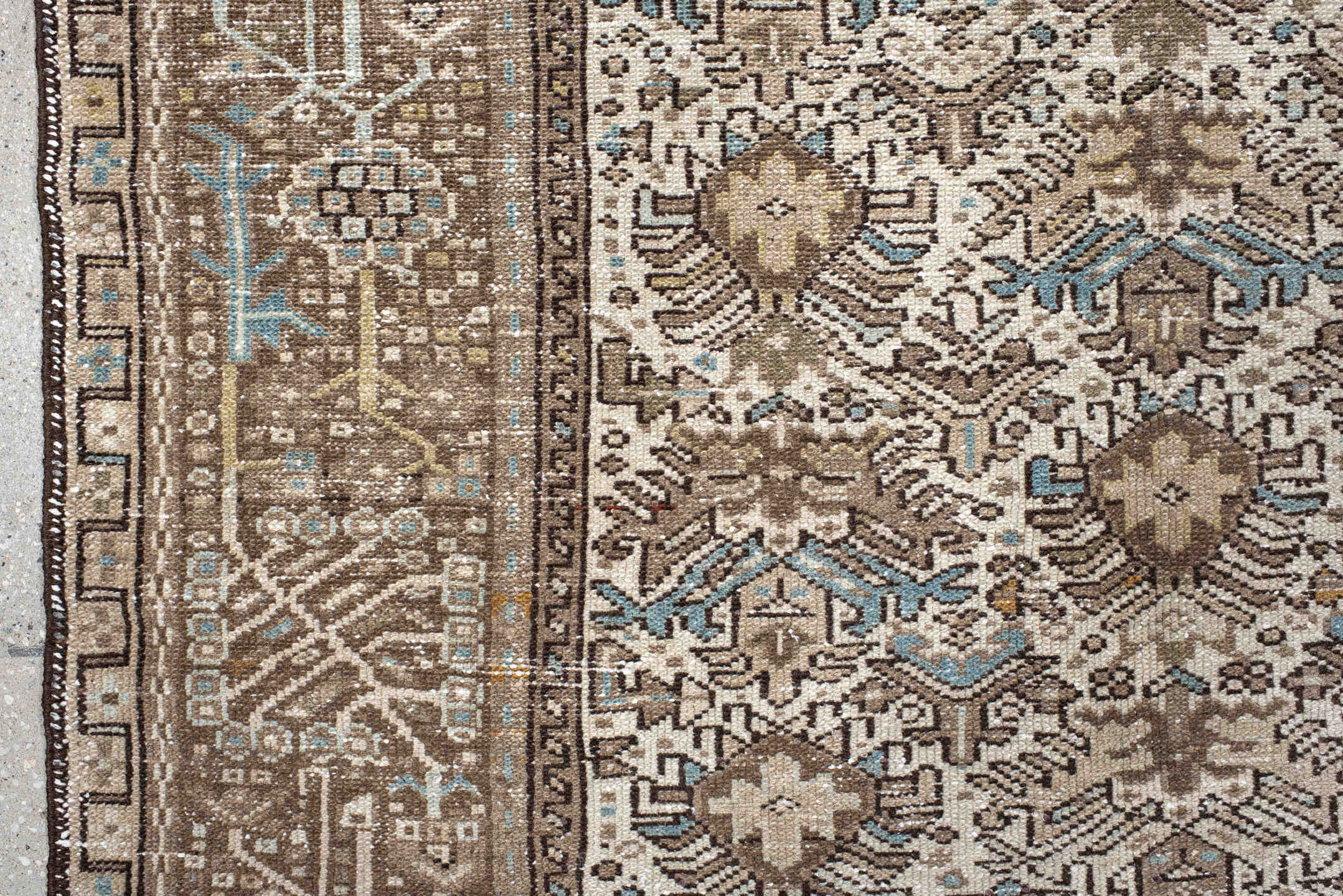 4' x 6' one-of-a-kind handmade antique Karaje small size rug. Color palette: ivory, taupe, brown, sky blue, charcoal, camel