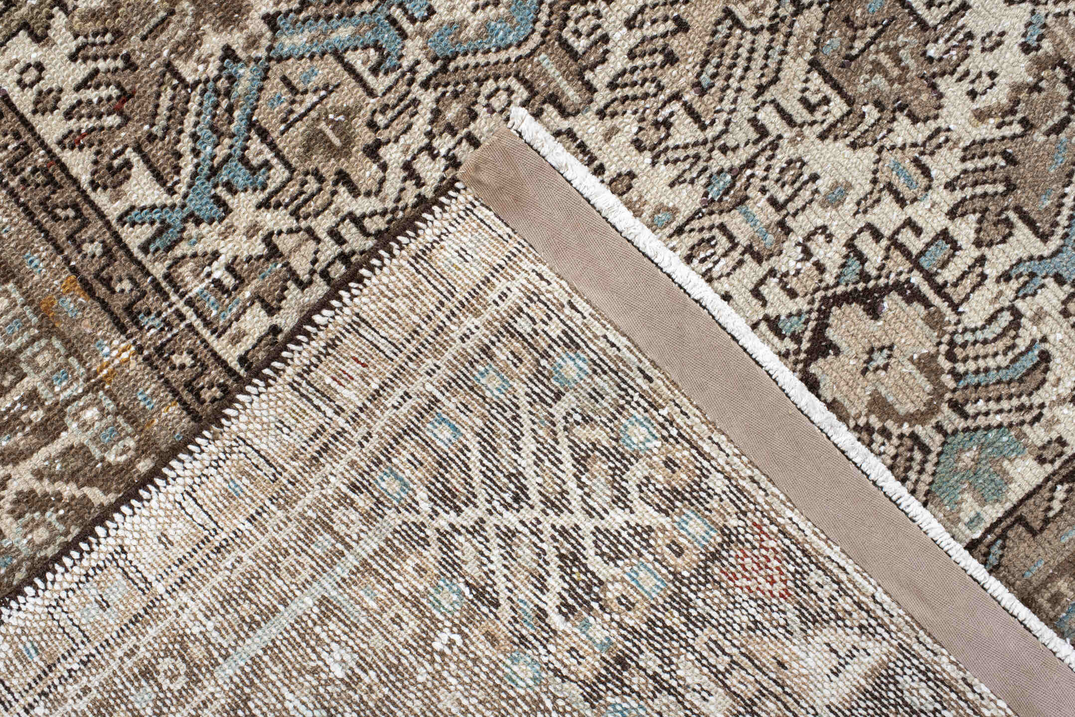 4' x 6' one-of-a-kind handmade antique Karaje small size rug. Color palette: ivory, taupe, brown, sky blue, charcoal, camel