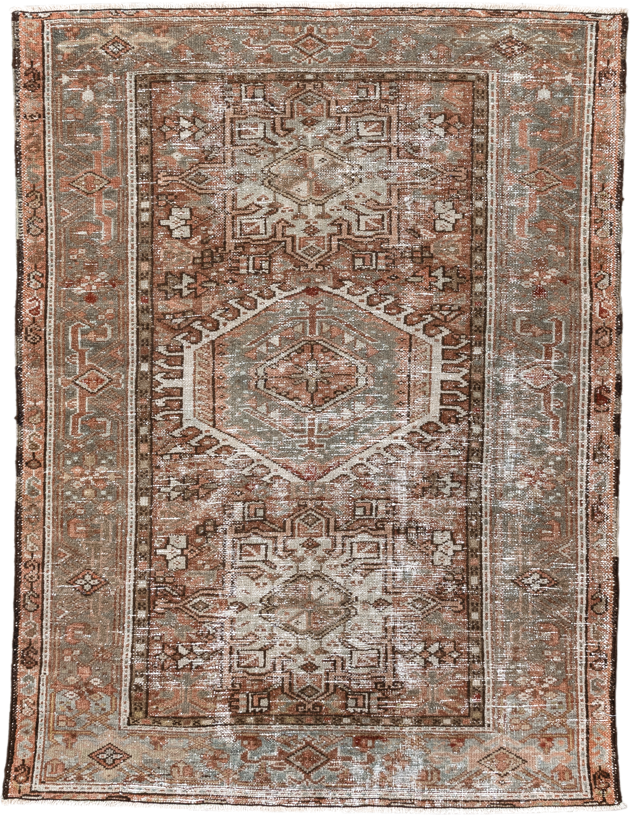 3' x 4' one-of-a-kind handmade vintage Karaje small size rug. Color palette: rust, sage, ivory, taupe, brown, terra cotta