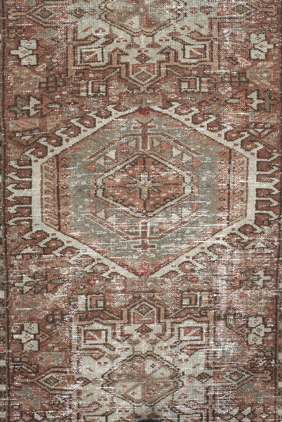 3' x 4' one-of-a-kind handmade vintage Karaje small size rug. Color palette: rust, sage, ivory, taupe, brown, terra cotta