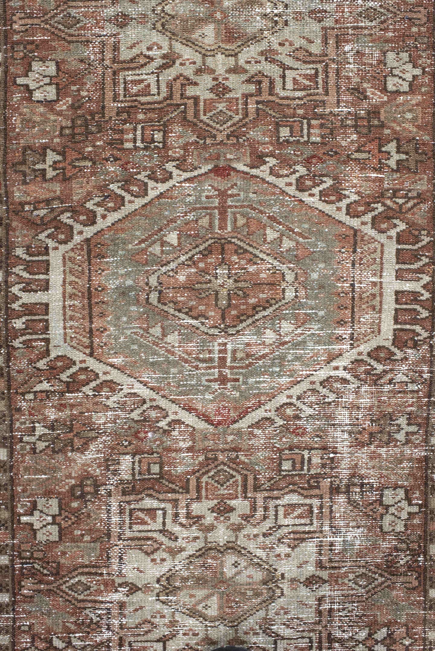3' x 4' one-of-a-kind handmade vintage Karaje small size rug. Color palette: rust, sage, ivory, taupe, brown, terra cotta