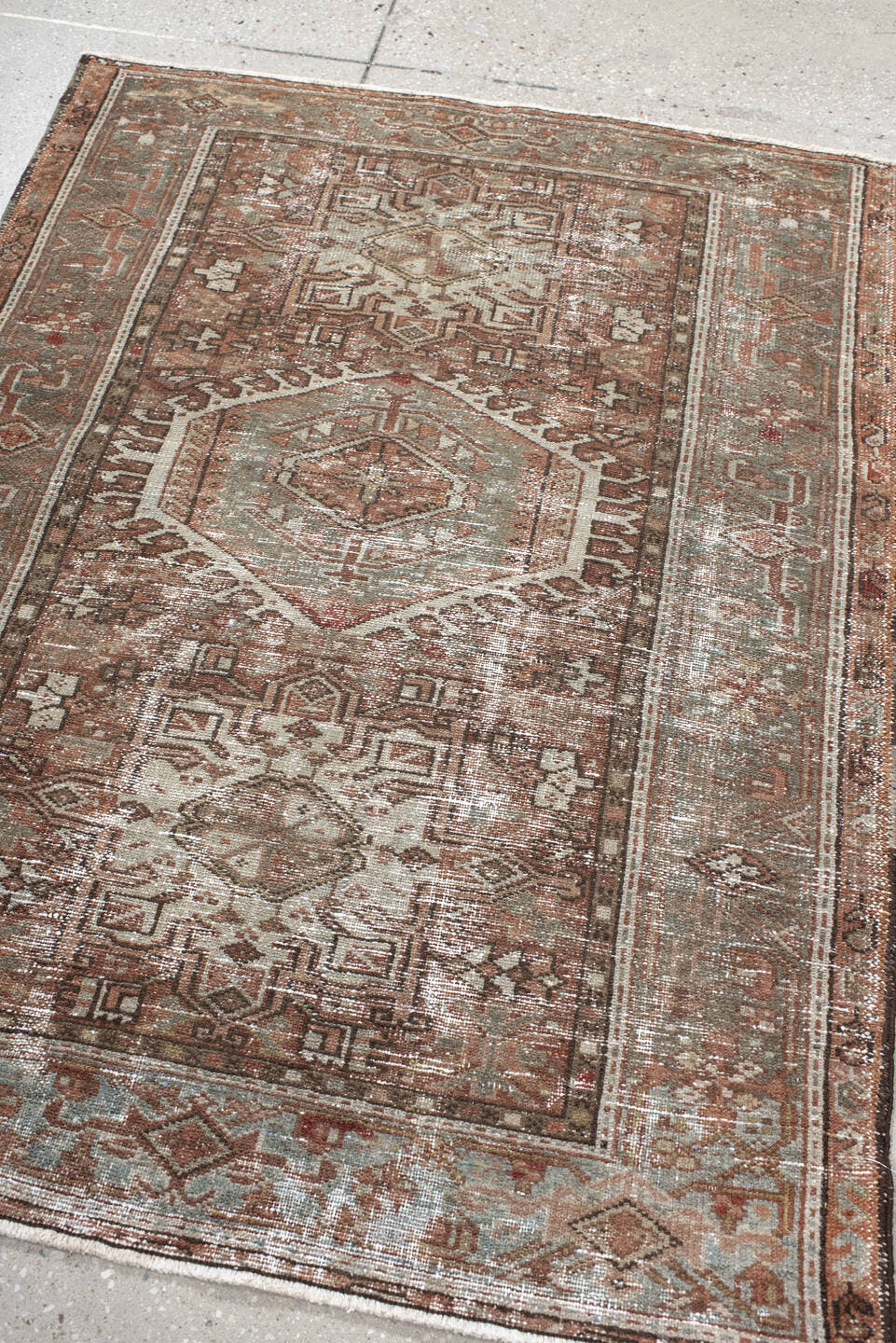 3' x 4' one-of-a-kind handmade vintage Karaje small size rug. Color palette: rust, sage, ivory, taupe, brown, terra cotta