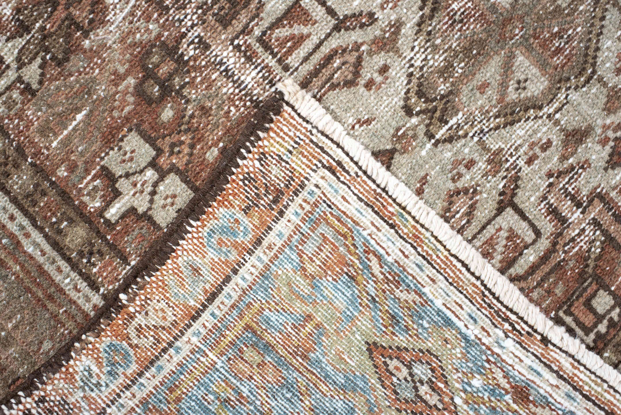 3' x 4' one-of-a-kind handmade vintage Karaje small size rug. Color palette: rust, sage, ivory, taupe, brown, terra cotta