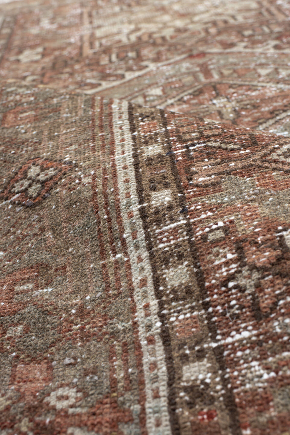3' x 4' one-of-a-kind handmade vintage Karaje small size rug. Color palette: rust, sage, ivory, taupe, brown, terra cotta