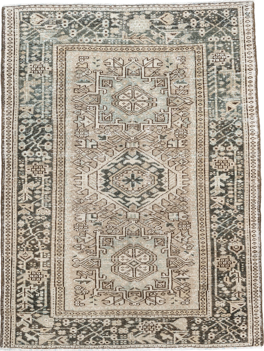 3' x 4' one-of-a-kind handmade vintage Karaje small size rug. Color palette: ivory, taupe, charcoal, sage, camel, brown