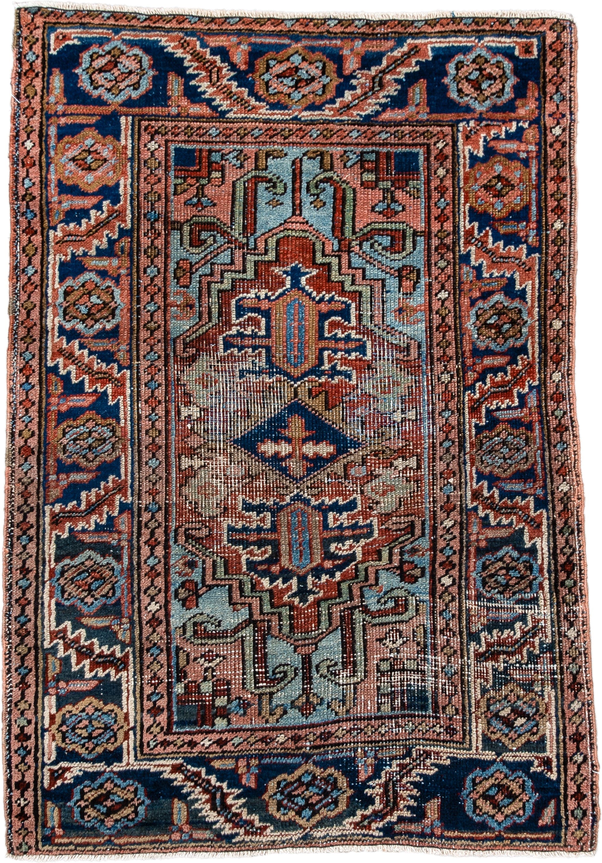 2' x 3' one-of-a-kind handmade antique Heriz small size rug. Color palette: navy, ivory, rust, sky_blue, camel, rose