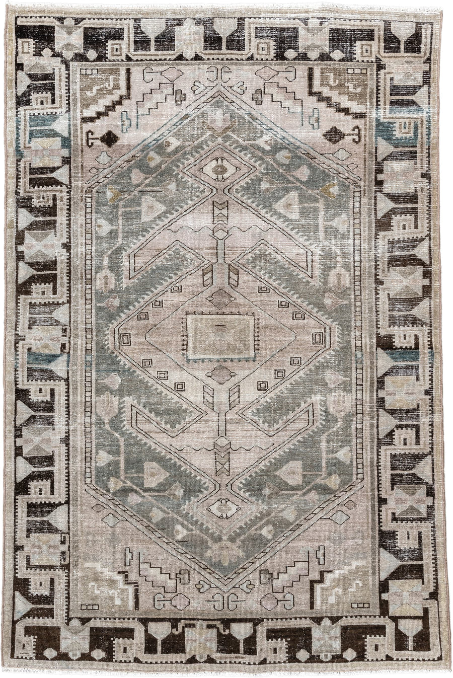 4' x 6' one-of-a-kind handmade vintage Malayer small size rug. Color palette: taupe, ivory, charcoal, sage, beige, slate