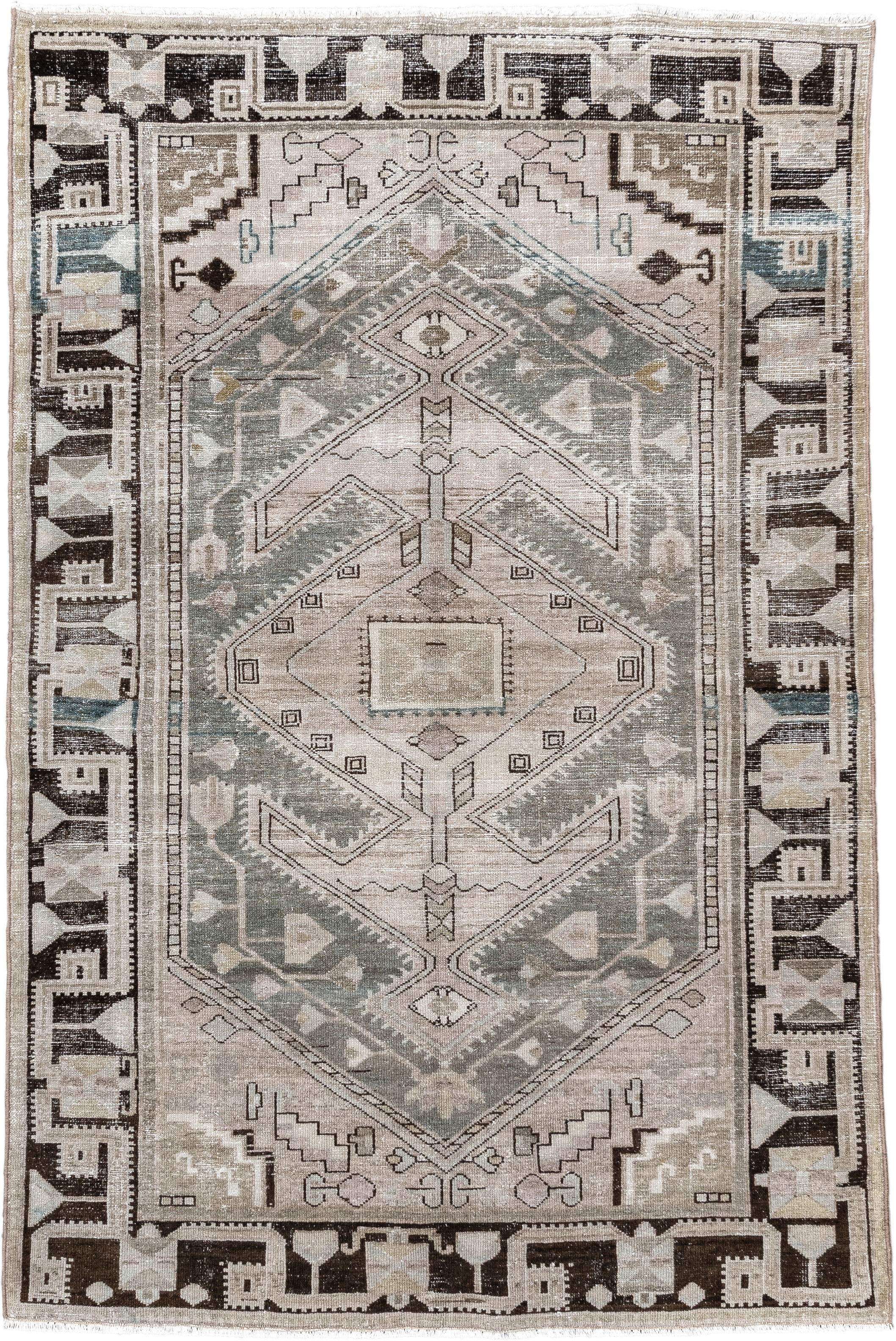 4' x 6' one-of-a-kind handmade vintage Malayer small size rug. Color palette: taupe, ivory, charcoal, sage, beige, slate