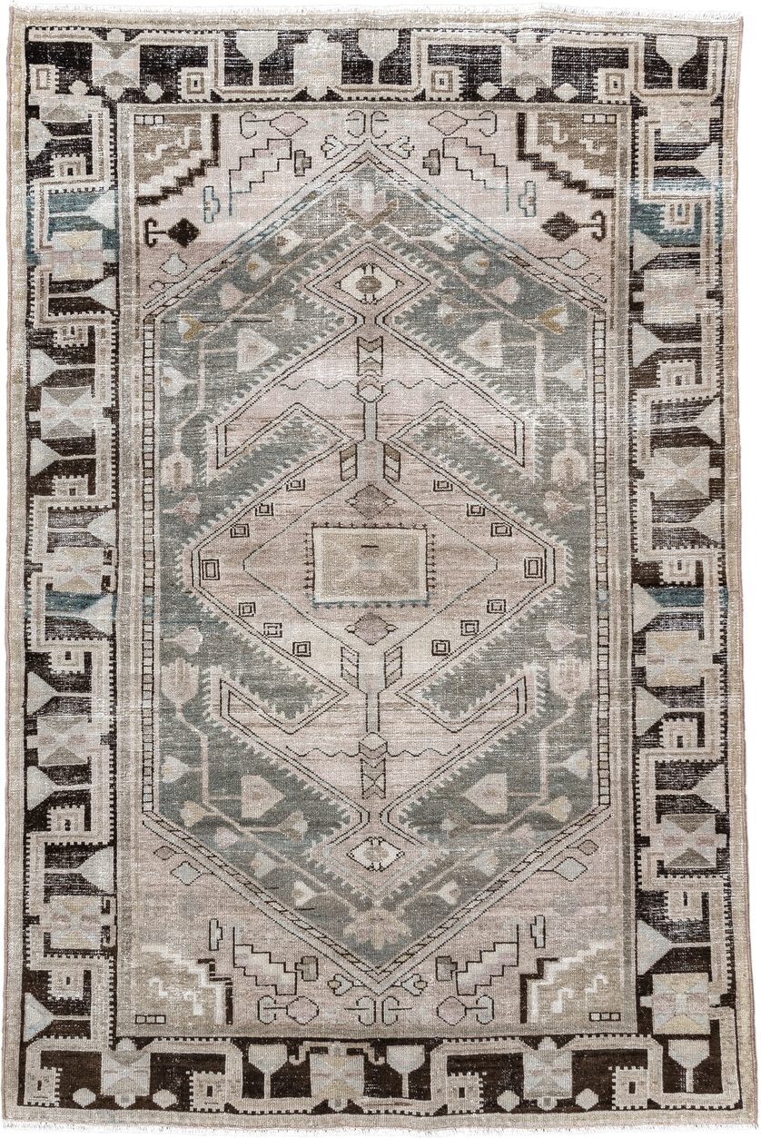 4' x 6' one-of-a-kind handmade vintage Malayer small size rug. Color palette: taupe, ivory, charcoal, sage, beige, slate