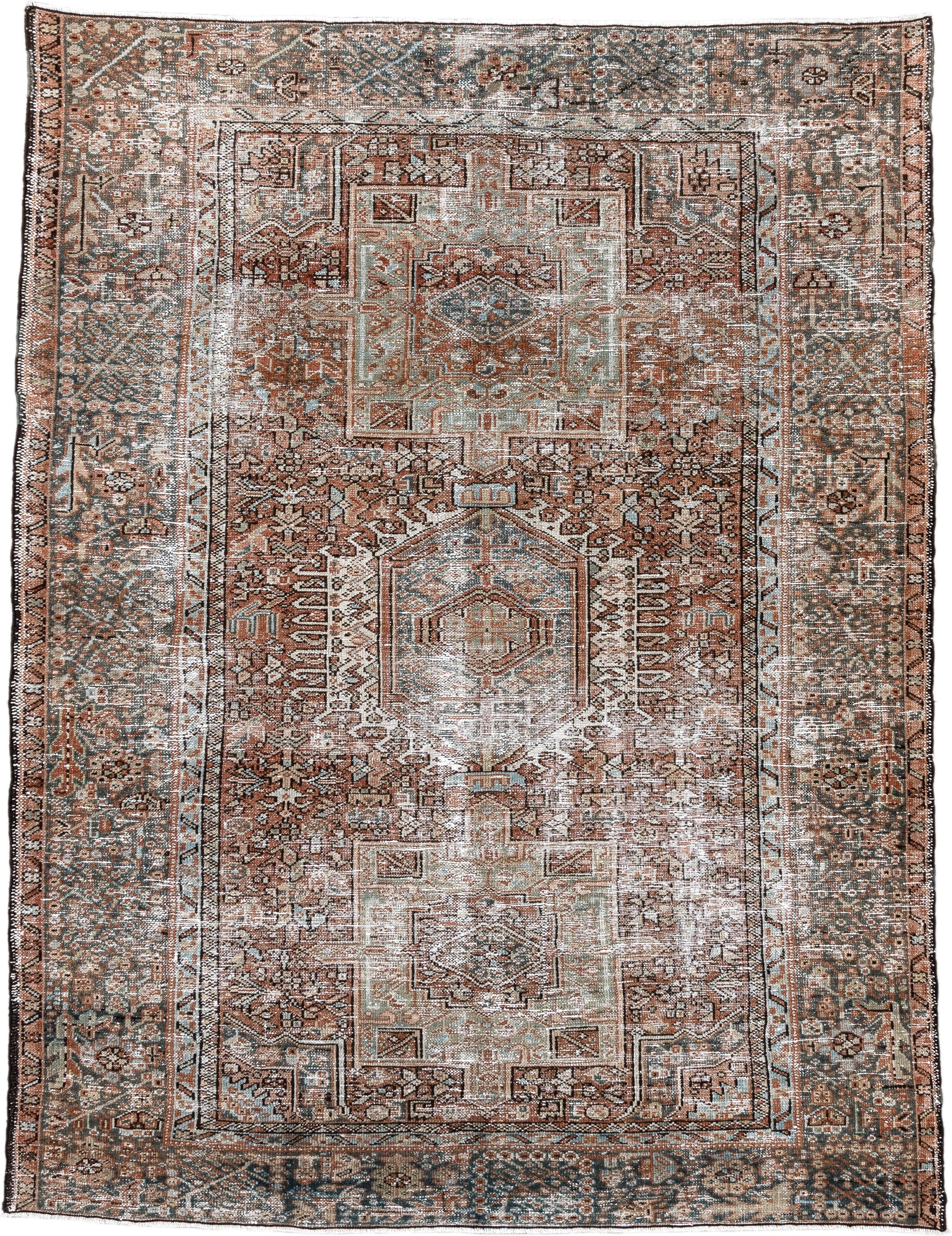 4' x 5' one-of-a-kind handmade antique Karaje small size rug. Color palette: rust, ivory, sage, charcoal, terra cotta, taupe
