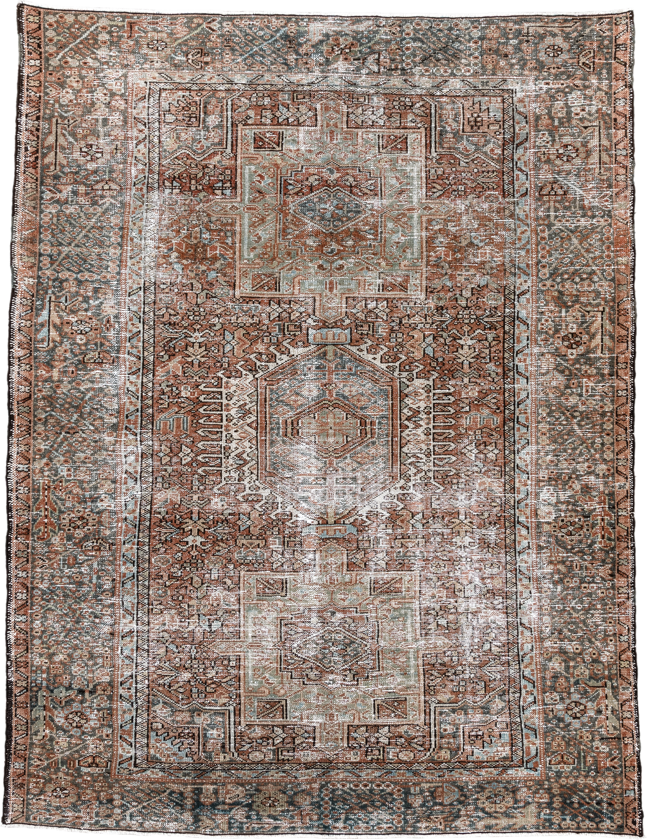 4' x 5' one-of-a-kind handmade antique Karaje small size rug. Color palette: rust, ivory, sage, charcoal, terra cotta, taupe
