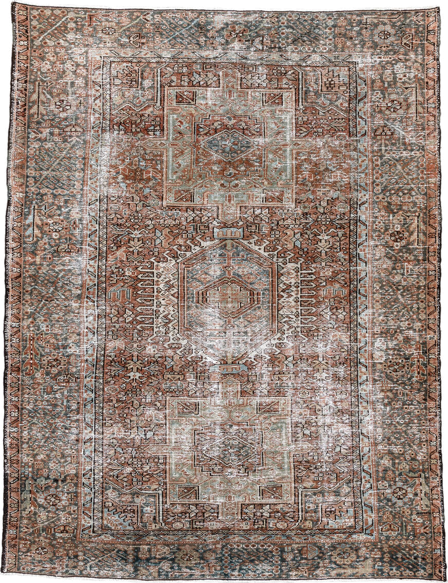 4' x 5' one-of-a-kind handmade antique Karaje small size rug. Color palette: rust, ivory, sage, charcoal, terra cotta, taupe