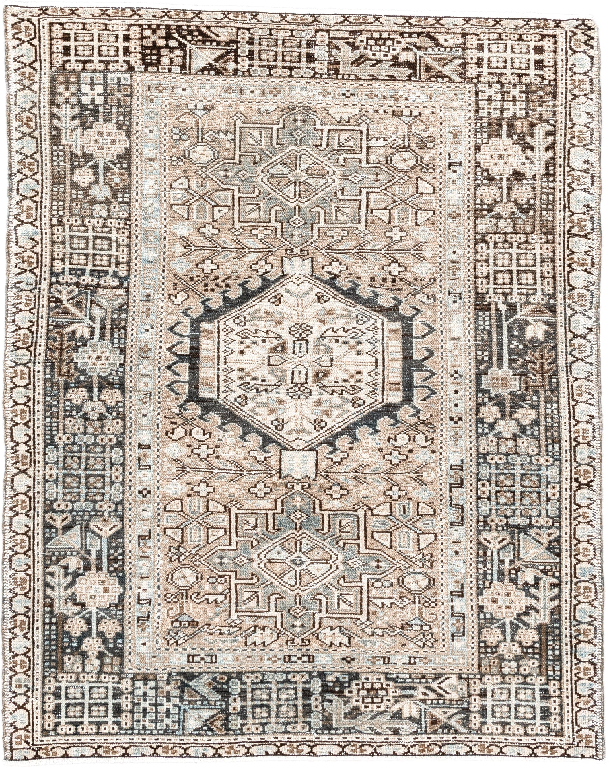 3' x 4' one-of-a-kind handmade vintage Karaje small size rug. Color palette: ivory, brown, charcoal, taupe, slate, camel