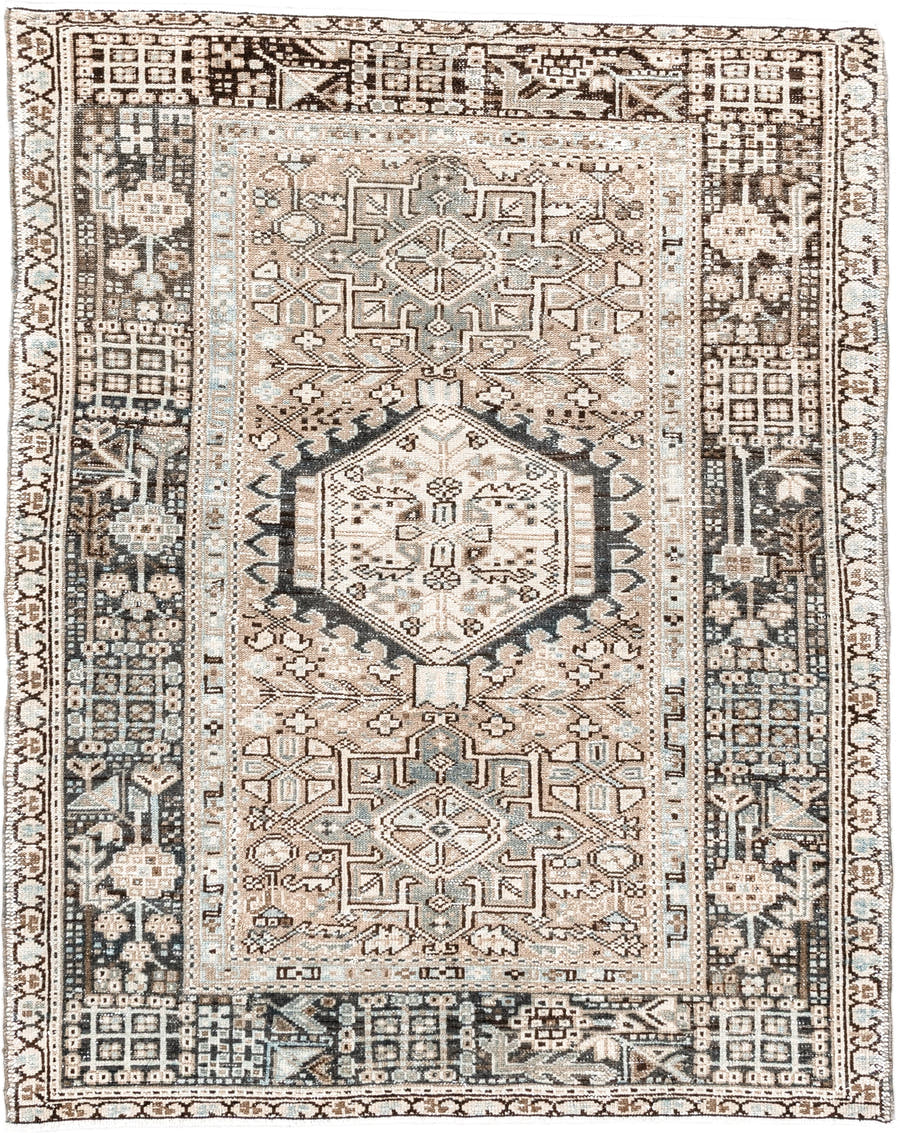 3' x 4' one-of-a-kind handmade vintage Karaje small size rug. Color palette: ivory, brown, charcoal, taupe, slate, camel