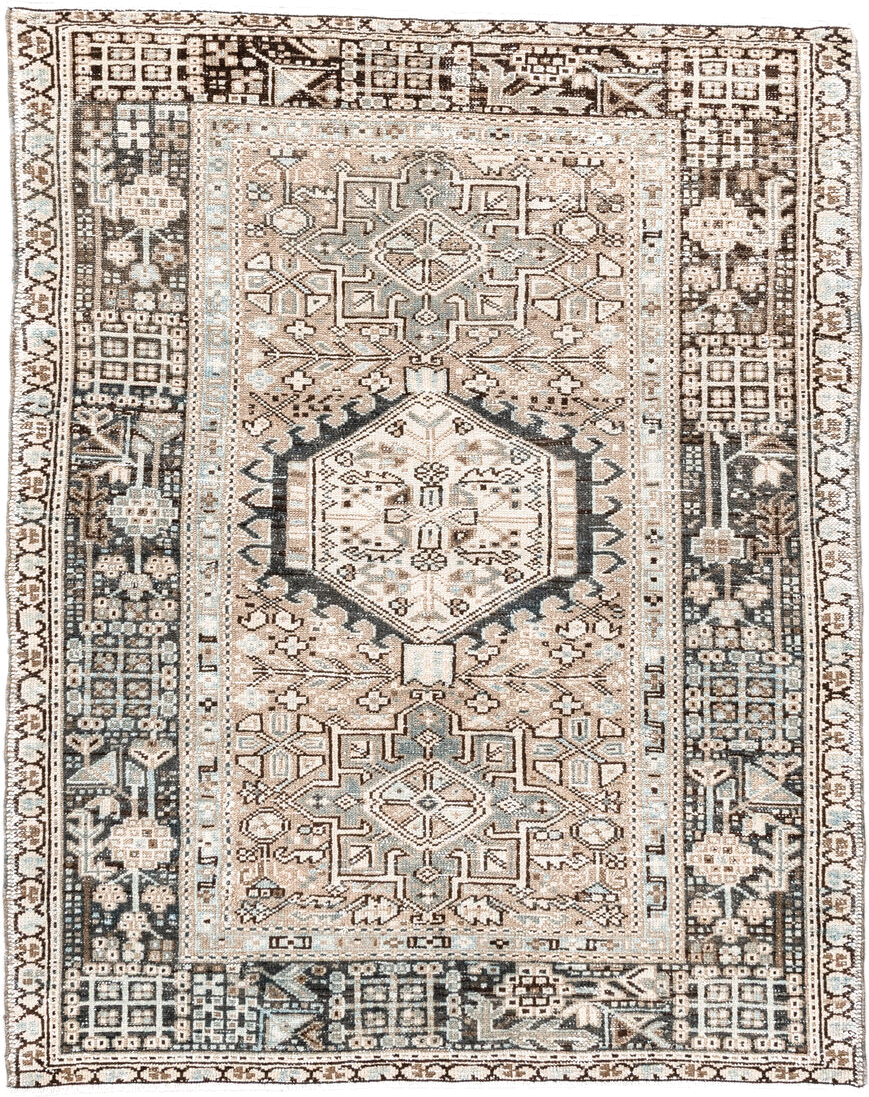 3' x 4' one-of-a-kind handmade vintage Karaje small size rug. Color palette: ivory, brown, charcoal, taupe, slate, camel