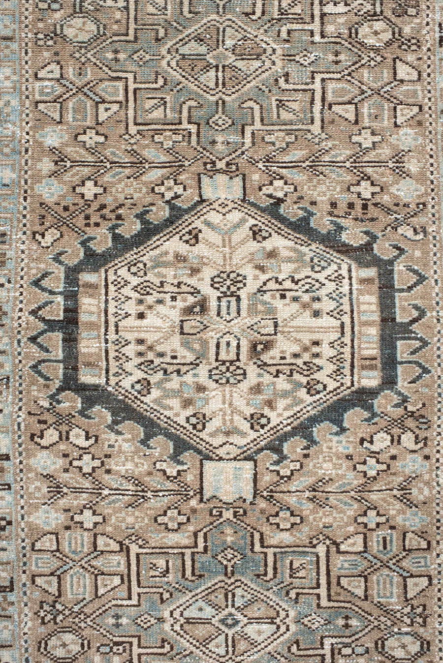 3' x 4' one-of-a-kind handmade vintage Karaje small size rug. Color palette: ivory, brown, charcoal, taupe, slate, camel