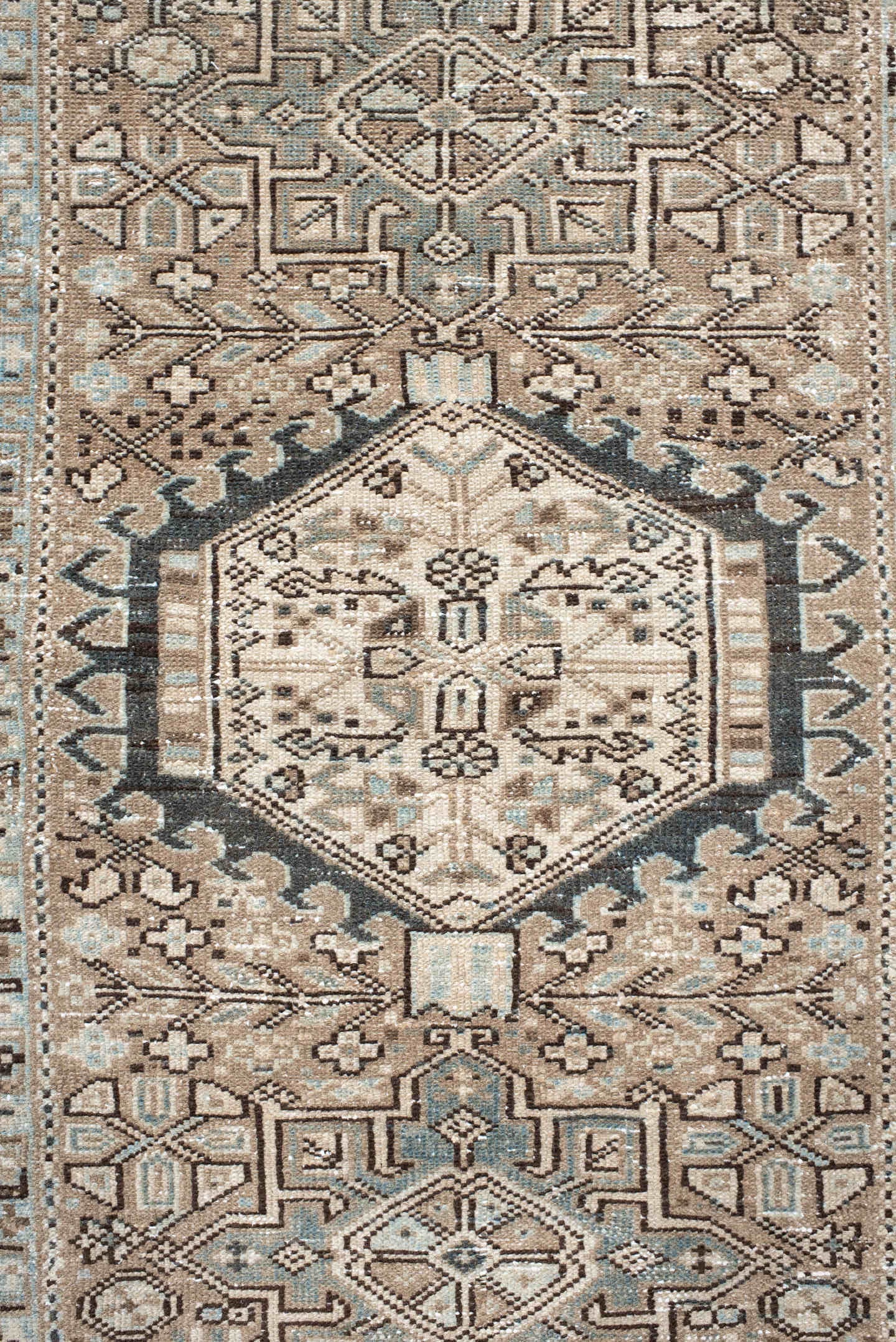 3' x 4' one-of-a-kind handmade vintage Karaje small size rug. Color palette: ivory, brown, charcoal, taupe, slate, camel
