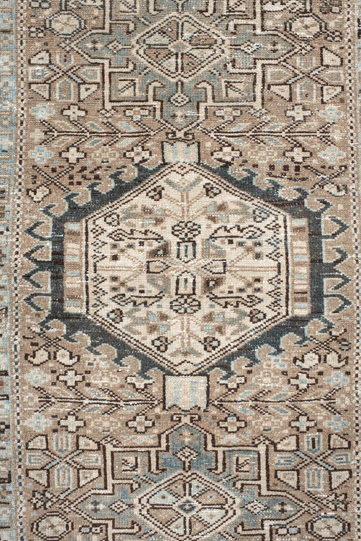 3' x 4' one-of-a-kind handmade vintage Karaje small size rug. Color palette: ivory, brown, charcoal, taupe, slate, camel