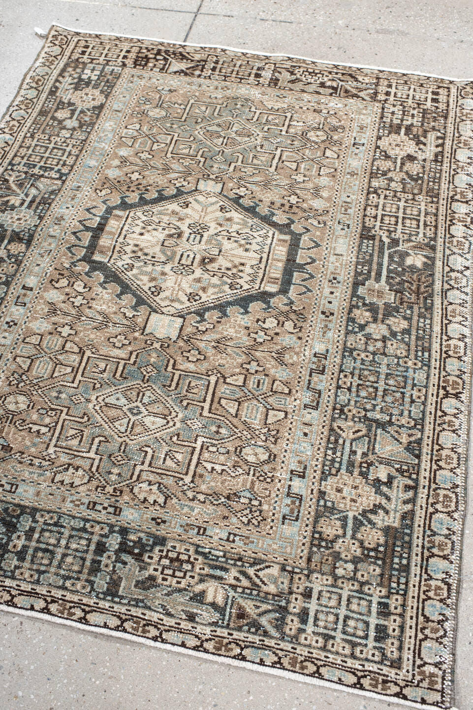 3' x 4' one-of-a-kind handmade vintage Karaje small size rug. Color palette: ivory, brown, charcoal, taupe, slate, camel