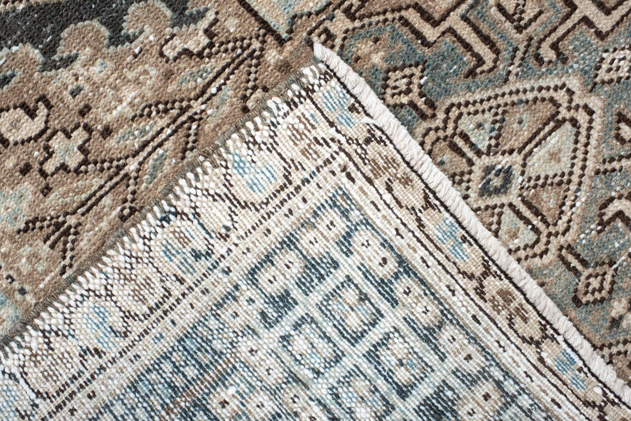 3' x 4' one-of-a-kind handmade vintage Karaje small size rug. Color palette: ivory, brown, charcoal, taupe, slate, camel