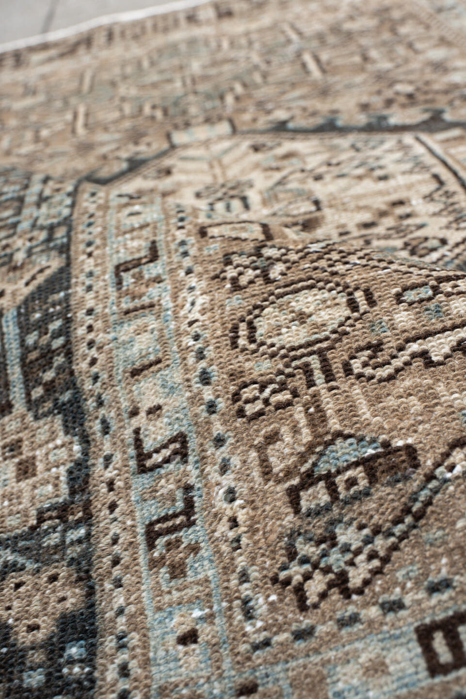 3' x 4' one-of-a-kind handmade vintage Karaje small size rug. Color palette: ivory, brown, charcoal, taupe, slate, camel