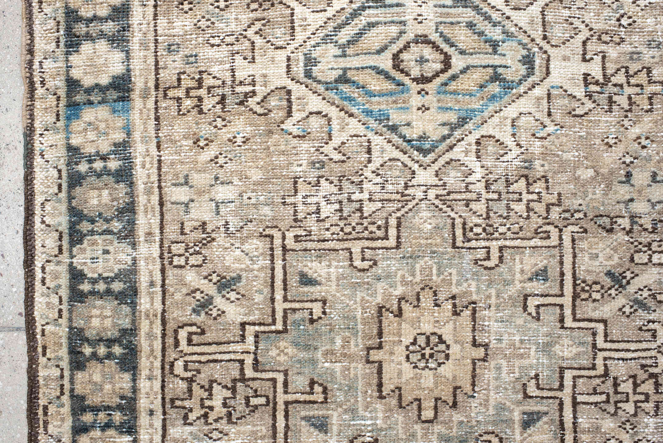 2' x 4' one-of-a-kind handmade vintage Karaje small size rug. Color palette: antiquewhite, black, blue, brown, charcoal