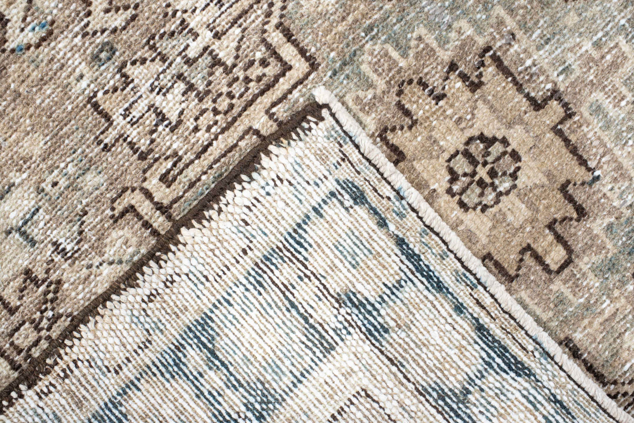 2' x 4' one-of-a-kind handmade vintage Karaje small size rug. Color palette: antiquewhite, black, blue, brown, charcoal