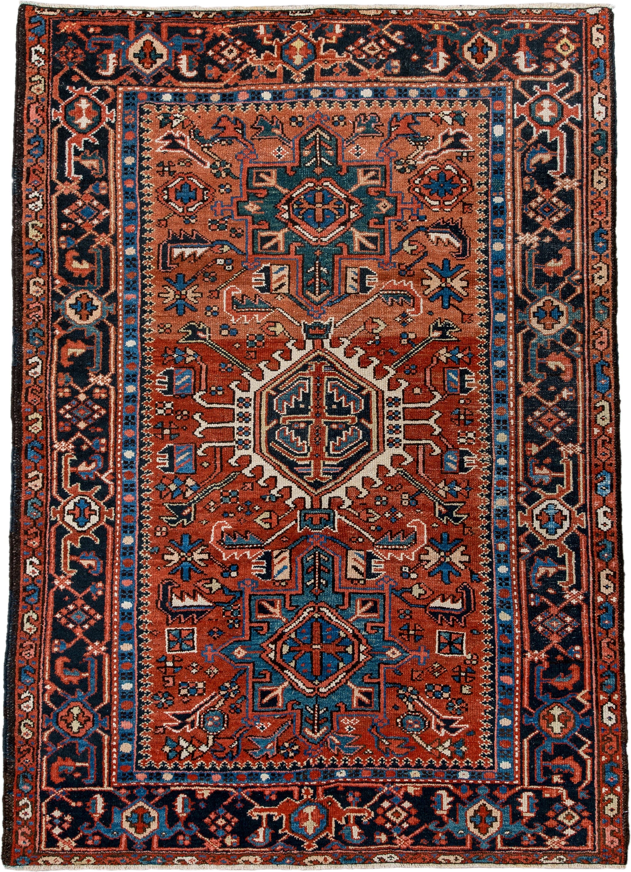 4' x 6' one-of-a-kind handmade antique Karaje small size rug. Color palette: rust, navy, sky_blue, ivory, terracotta