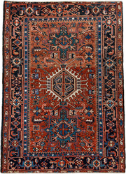 4' x 6' one-of-a-kind handmade antique Karaje small size rug. Color palette: rust, navy, sky_blue, ivory, terracotta