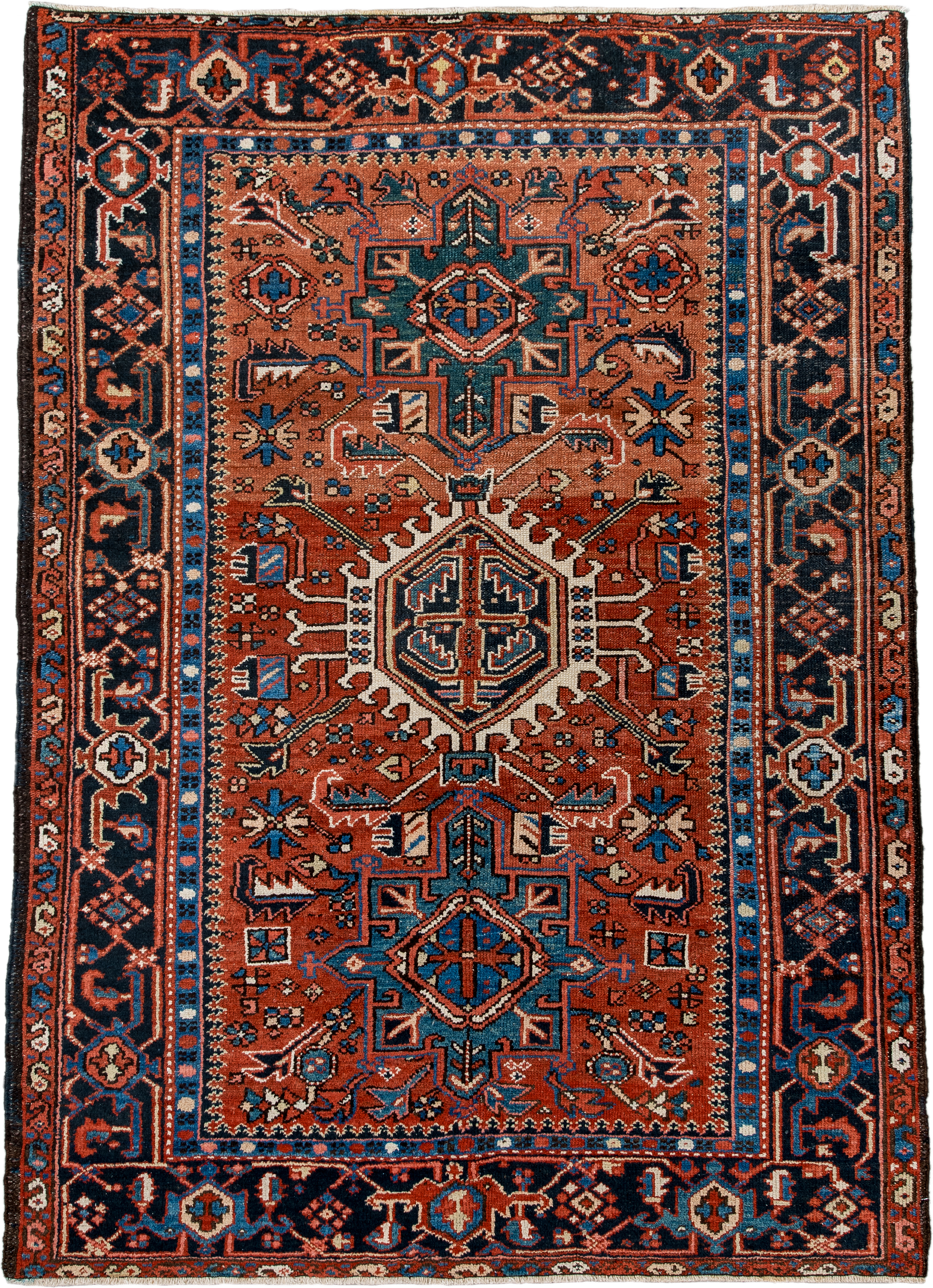 4' x 6' one-of-a-kind handmade antique Karaje small size rug. Color palette: rust, navy, sky_blue, ivory, terracotta