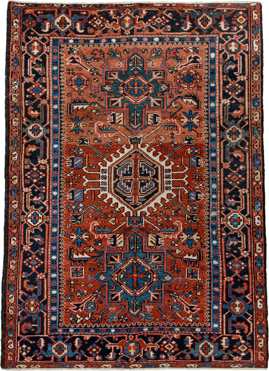 4' x 6' one-of-a-kind handmade antique Karaje small size rug. Color palette: rust, navy, sky_blue, ivory, terracotta
