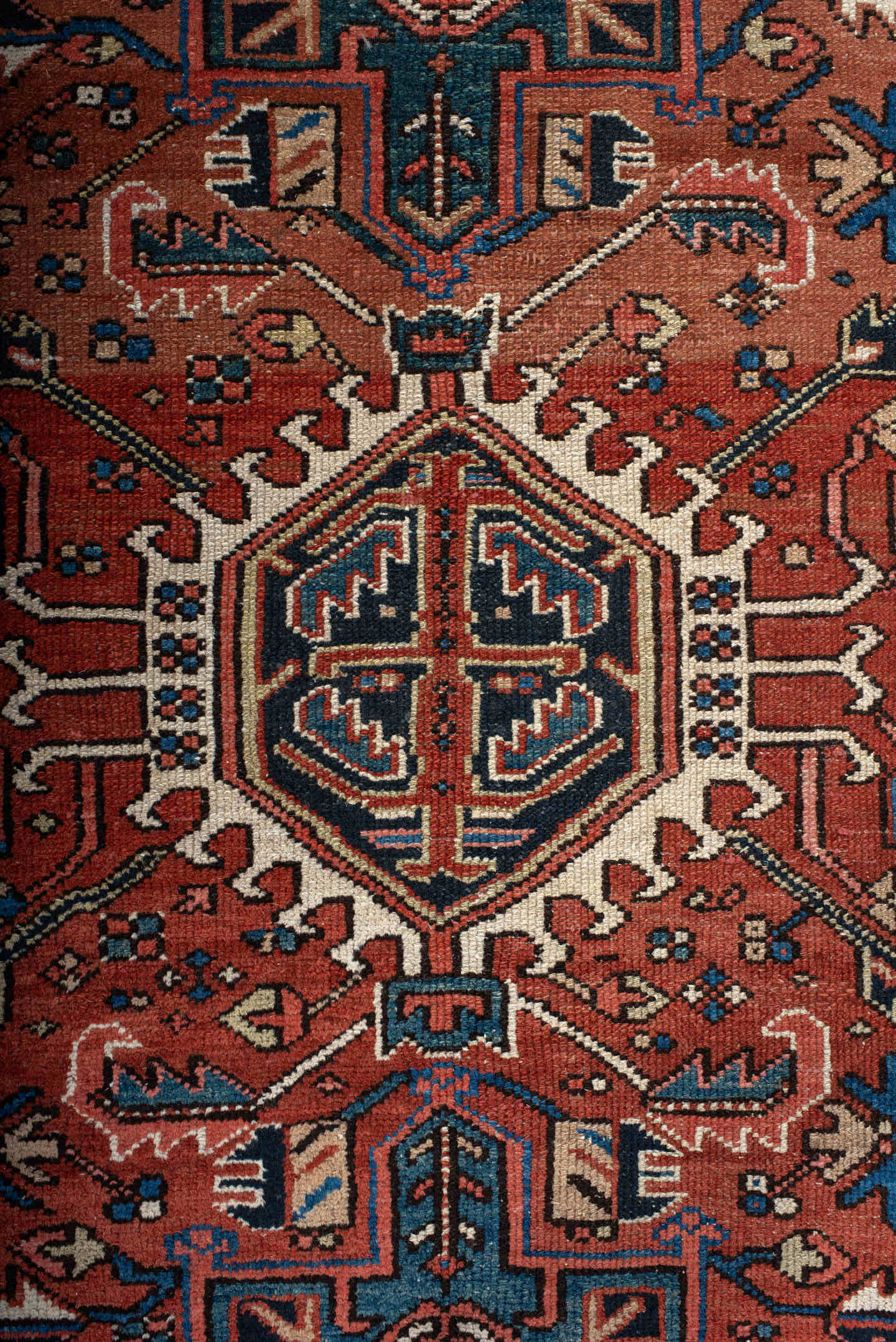 4' x 6' one-of-a-kind handmade antique Karaje small size rug. Color palette: rust, navy, sky_blue, ivory, terracotta