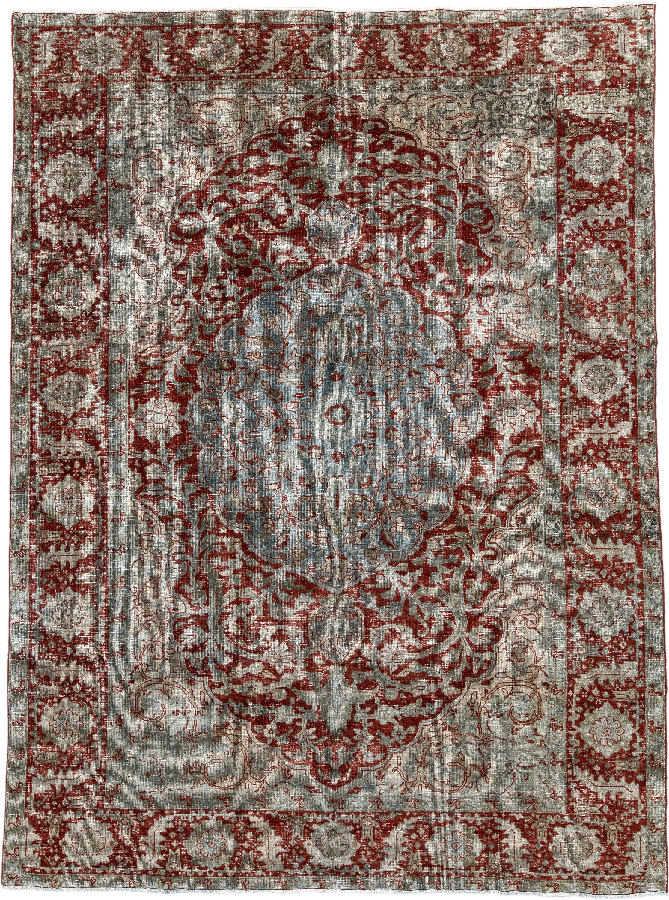 7' x 10' one-of-a-kind handmade antique Heriz large size rug. Color palette: rust, pale blue, ivory, brick, sage, taupe