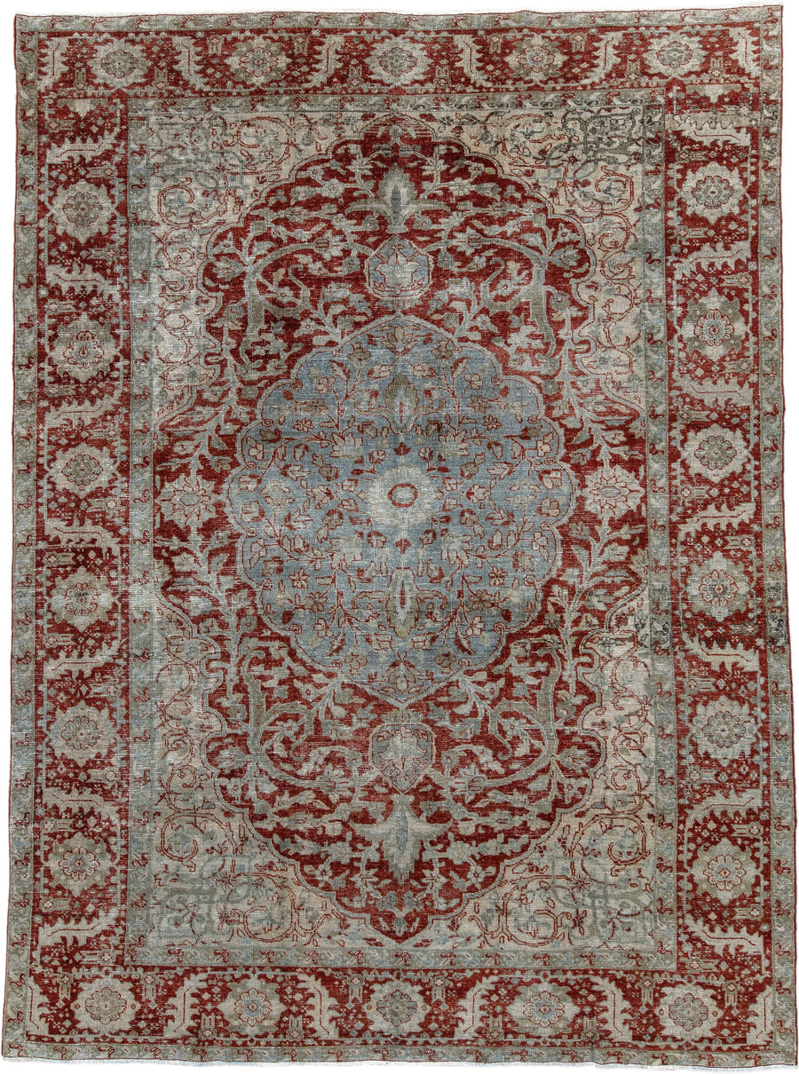 7' x 10' one-of-a-kind handmade antique Heriz large size rug. Color palette: rust, pale blue, ivory, brick, sage, taupe